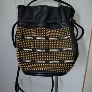 Vintage Black Leather Studded Bucket Bag with Gold Accents